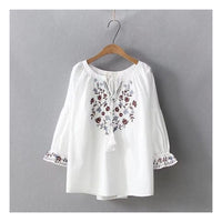 Womens Embroidered Lace-Trimmed Collar Puff-Sleeve TopBlouse