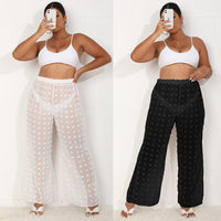 Sexy Sheer 3D Chiffon Beach Pants Wide-Leg Straight-Cut Casual Trousers