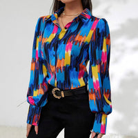 Womens Fashion Printed Lantern Sleeve Colorblock Loose Top