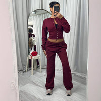 Springautumn New Casual Set Solid Color Buttoned Up