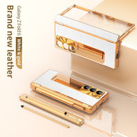 All-inclusive Electroplating Plain Leather Double Hinge Phone Case Hard Case With Pen Slot