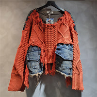 Personality Trendy Twist Weave Stitching Denim Round Neck Sweater