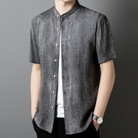 Fashion Linen Shirt Middle-aged Men's Solid Color Stand Collar Top