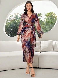 Printed V-neck Cardigan Lace-up Slim-fit Dress