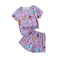 Girls' Purple Ice Cream Cone Small Love Cool Printed Short Sleeve Shorts Suit