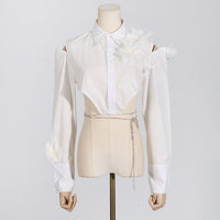 Irregular Design Flower Stitching Tied Shirt For Women