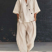V-neck Loose-fit Short-sleeve Top And High-waist Trousers Two-piece Set