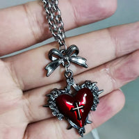 Goth Punk Red Heart Bowknot Cross Necklace