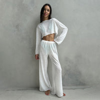 Women's Knitted Crew-Neck Pajama Set With Long Sleeves And Long Pants Two Pieces