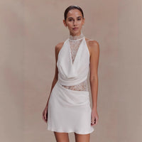 New Neck-hanging Lace-spliced Satin Dress Short Skirt