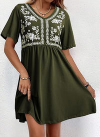Casual Loose V-Neck Printed Defined-Waist Short-Sleeve Womens Dress