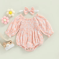 New Floral Jumpsuit Off-shoulder Kids' Rompers Headscarf Two-piece Pink Camel