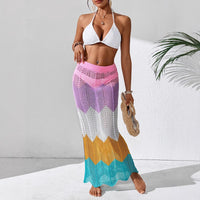 Womens Color-Block Patchwork Wave-Print Sexy Slit Midi Skirt