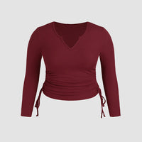 Lady V-neck Drawstring Slim Long Sleeve Crop Top