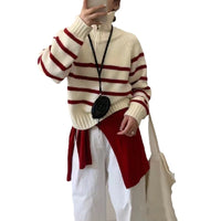 Korean Style Half Turtleneck Zipper Pullover Knitting Vintage Stripe Sweater