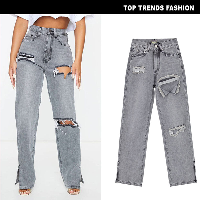 Women's High Waist Sand Gray Straight-leg Denim Trousers