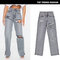 Women's High Waist Sand Gray Straight-leg Denim Trousers