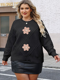 Loose Casual Knit Sweater For Women With Diamond Jacquard Floral Embroidery And Beaded Details
