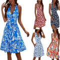 V-Neck Lace-Up Printed Pleated Pocket Dress For Women