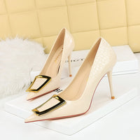 Slimming High-Heel Shallow-Toe Pointed-Toe Womens Shoes With Metal Buckle