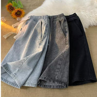 Men's Hong Kong Style Distressed Loose Elastic Waist Denim Shorts