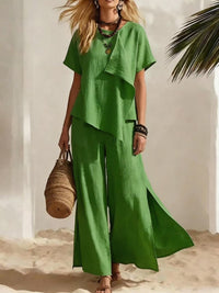 Casual Asymmetrical Short-sleeve Top And Slit Wide-leg Pants Set