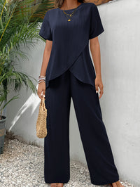 Womens Two-Piece Set Crew-Neck Short-Sleeve Pullover With A Loose