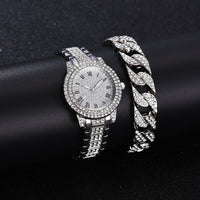 Full Diamond Roman Literal Steel Watch Bracelet Set