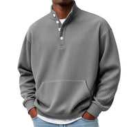 Mens Solid-Color Turtleneck Casual Long-Sleeve Polo Sweatshirt With Pockets For Men Spring Autumn Clothing Loose Button Polo Collar Tees Tops Man Outwear