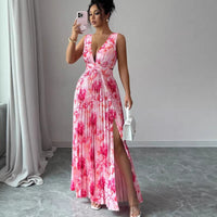 Womens Sexy Deep V-Neck Sleeveless Printed Dress With Slit Hem And Pleats