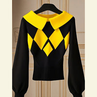 European Goods Western Style Unique Chic Niche Idle Style Black Diamond Plaid Sweater
