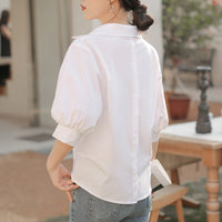 Idle Style Lapel White Shirt Casual V-neck Loose Lantern Sleeve