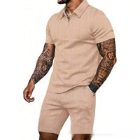 Zip Up Short Sleeve Shorts Men's Casual Set