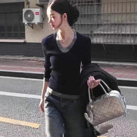 Korean Style Fake Two-piece V-neck Knitted Bottoming Shirt