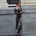 Womens Off-the-Shoulder Zebra-Print Bodycon Long-Sleeve Dress