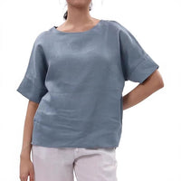 Linen Top Crew-neck Short-sleeve Shirt
