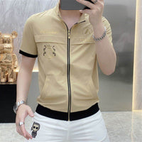 Cardigan Short Sleeve Men's Ice Silk Leisure Shirt Printed Stand Collar Lightweight Breathable Half Sleeve