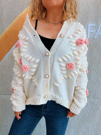 Cute Three-dimensional Flower Decorative Knitted Cardigan Round Neck Sweater