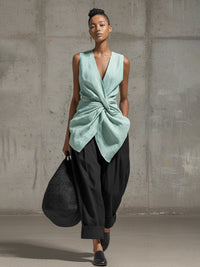 Waist-cinching Tie-front V-neck Sleeveless Top Wide-leg Pantsuit