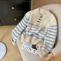 Women's Horn Button Striped Loose Preppy Style Sweater