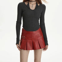 Women's Skirt High Waist Pleated A- Line Leather Skirt