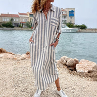 Cotton And Linen Breathable Casual Loose Striped Women's Short-sleeved Shirt