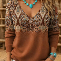 Womens Retro-Print V-Neck Long-Sleeve T-Shirt Top