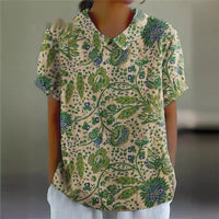 Fashionable Printed Short-Sleeve Floral Lapel Top For Women