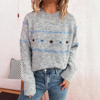 Cute Flowers Embroidery Contrast Color Knitted Pullover For Women