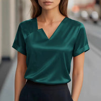Satin Asymmetric V-Neck Short-Sleeve Shirt For Women