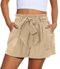 Summer New Elastic Waist Drawstring Knotted Short Solid Color Casual Women