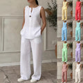 Women's V-Neck Sleeveless Knit Vest And Extended-Length Pants Set - Casual Cotton Blend Matching Outfit
