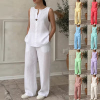 Women's V-Neck Sleeveless Knit Vest And Extended-Length Pants Set - Casual Cotton Blend Matching Outfit