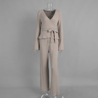 V-neck Knitted Ribbed Lace-up Long-sleeve Pants Two-piece Set